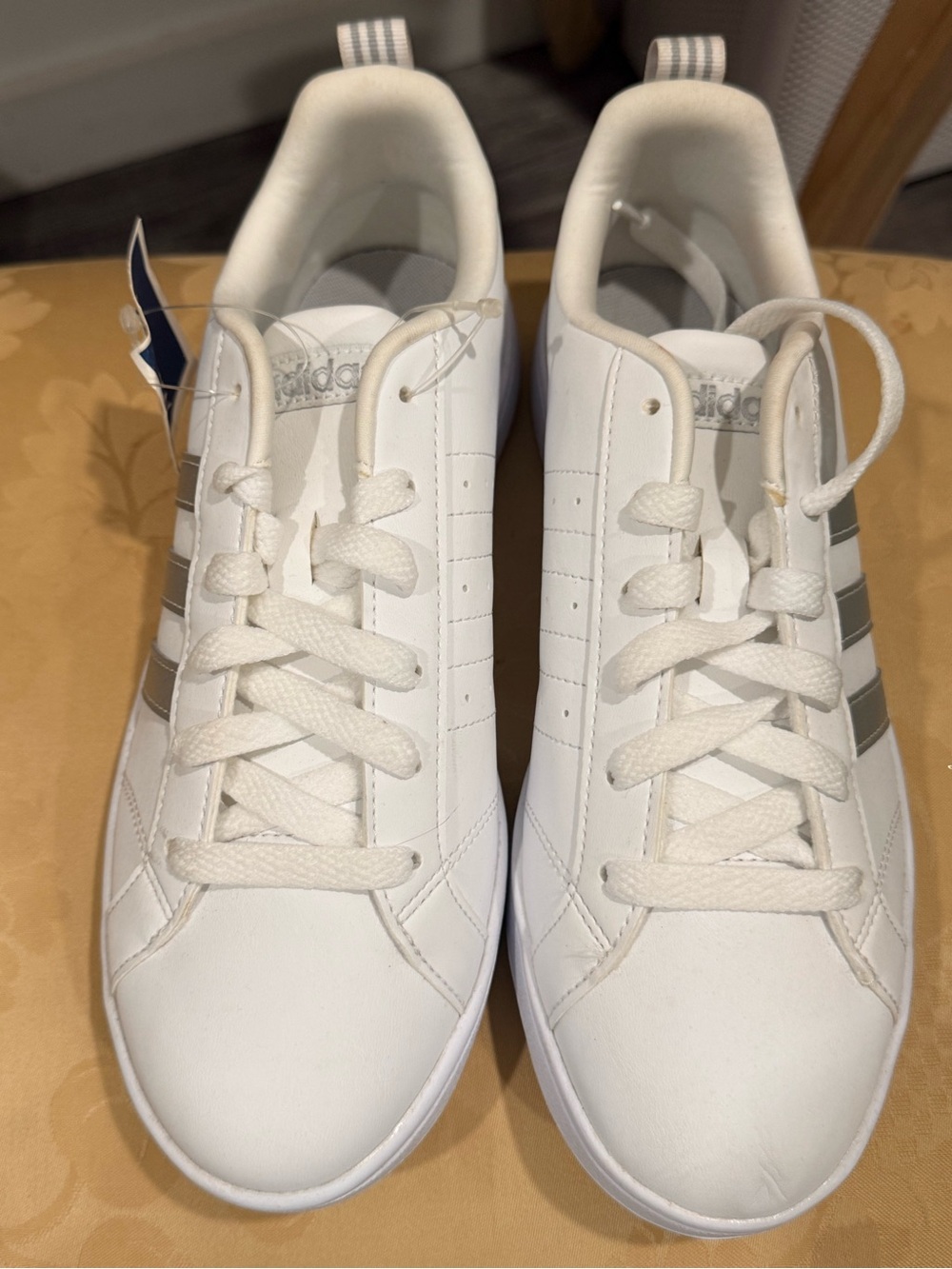 Adidas women's white sneakers with silver/gray 3-stripe detailing